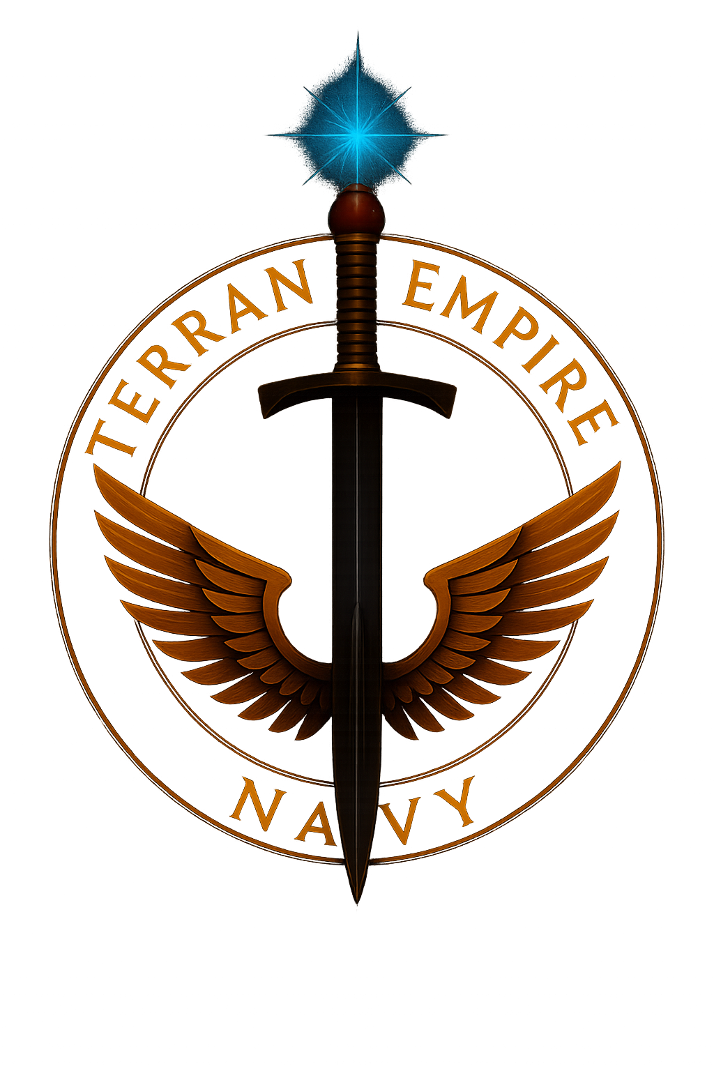 Terran Empire Navy crest with a sword, wings, and blue star