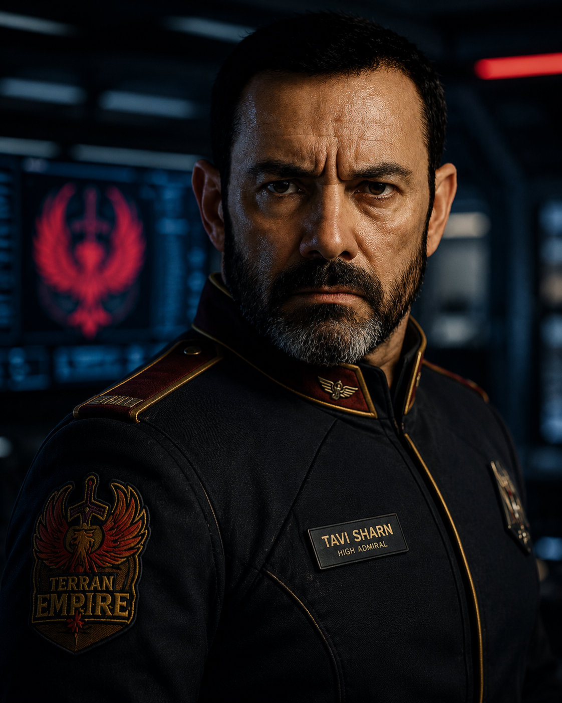 Tavi Sharn, High Admiral of the Terran Empire Navy, in a black and gold uniform