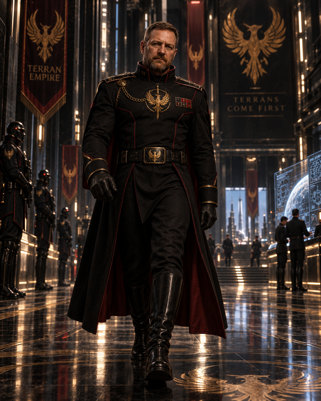 Varick Solborne in a black and gold Imperial uniform beneath Terran Empire banners